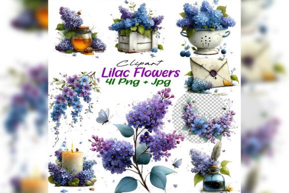 Elevate Your Designs with a Whimsical Lilac Flowers Clipart PNG Set