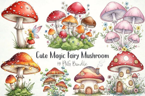 Enchant Your Designs with Watercolor Cute Magic Fairy Mushroom
