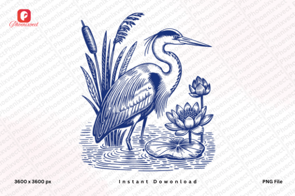 Hand Drawn Vintage Floral Heron Bird PNG