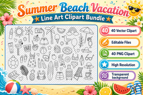 Summer Beach Vacation Line Art Bundle for Creative Projects