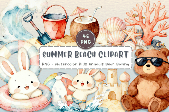 Summer Beach Watercolor Clipart PNG: Fresh Design Elements