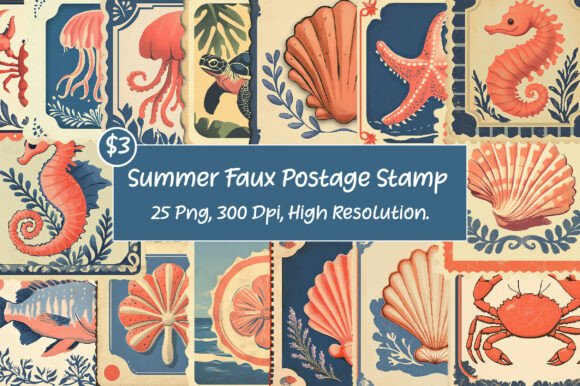 Vintage Summer Faux Postage Stamp Clipart: Design with Nostalgic Charm