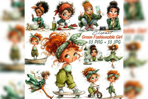 Whimsical Green Fashion Girl Clipart Set: Elevate Your Brand