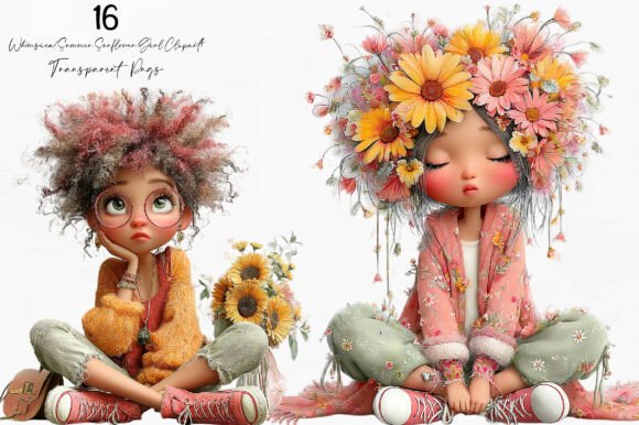 Whimsical Summer Sunflower Girl Clipart for Creative Projects